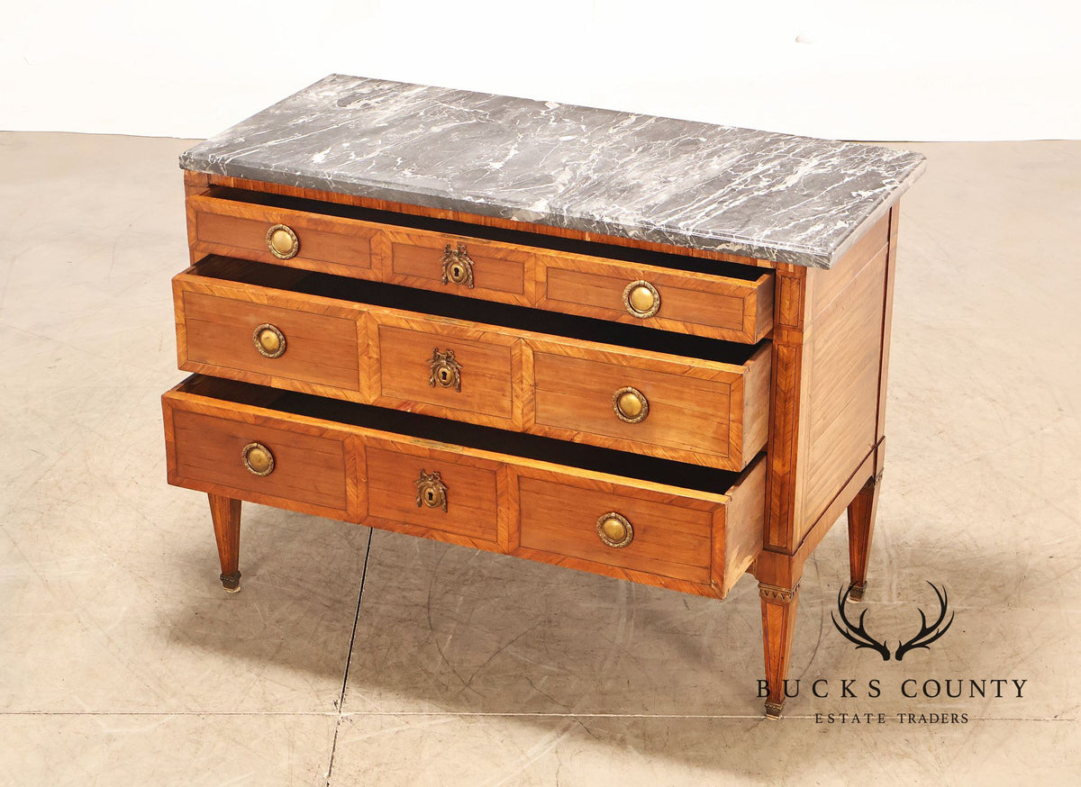 Antique French Neoclassical Marble Top Inlaid Three Drawer Chest