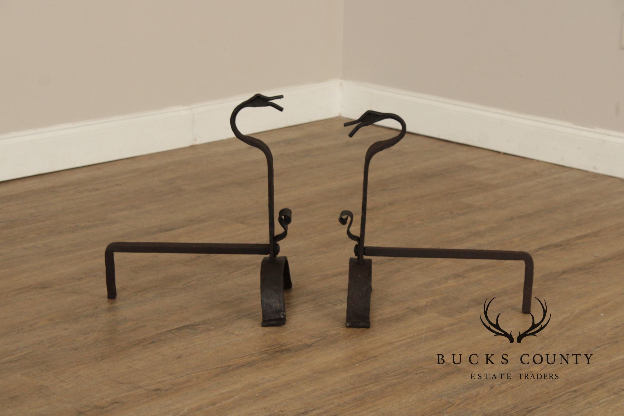 Arts & Crafts Pair of Wrought Iron Duck Fireplace Andirons