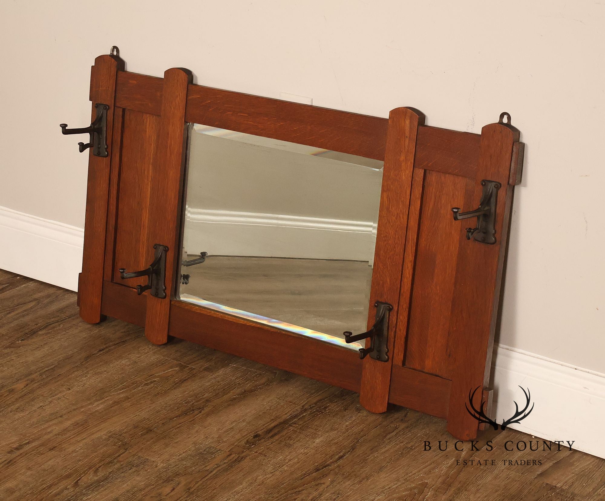 Antique Arts And Crafts Mission Oak Hall Mirror With Coat Hooks