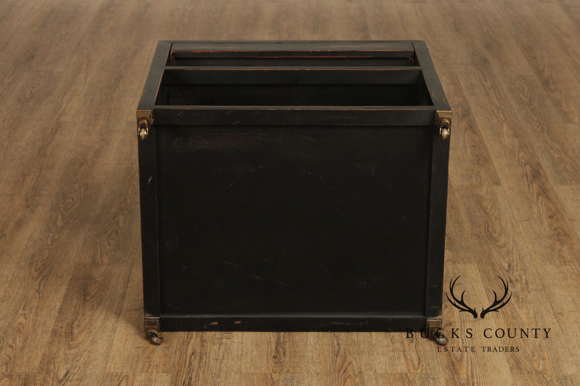 Industrial Style Pair of Ebonized Rolling End Tables