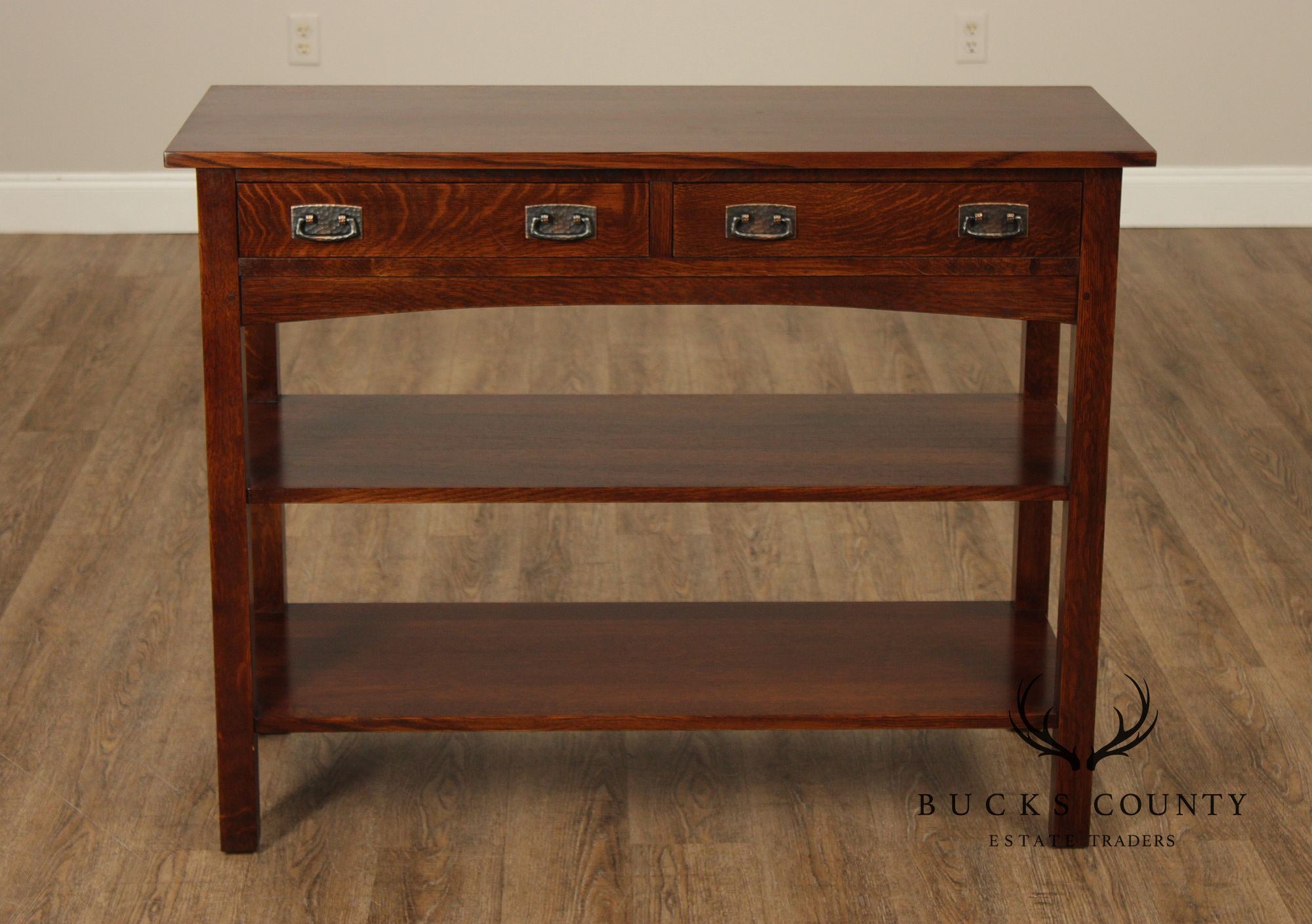 Stickley Mission Collection Oak Two Drawer Console Table With Shelves