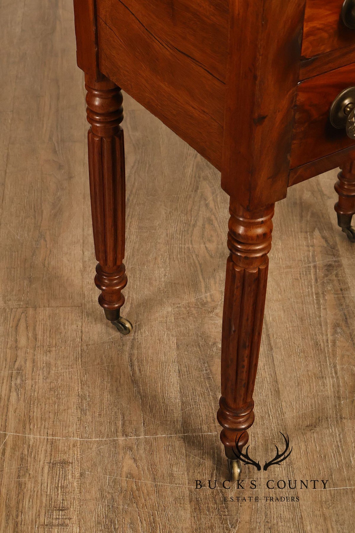 Antique American Sheraton Mahogany Two Drawer Work Table On Casters