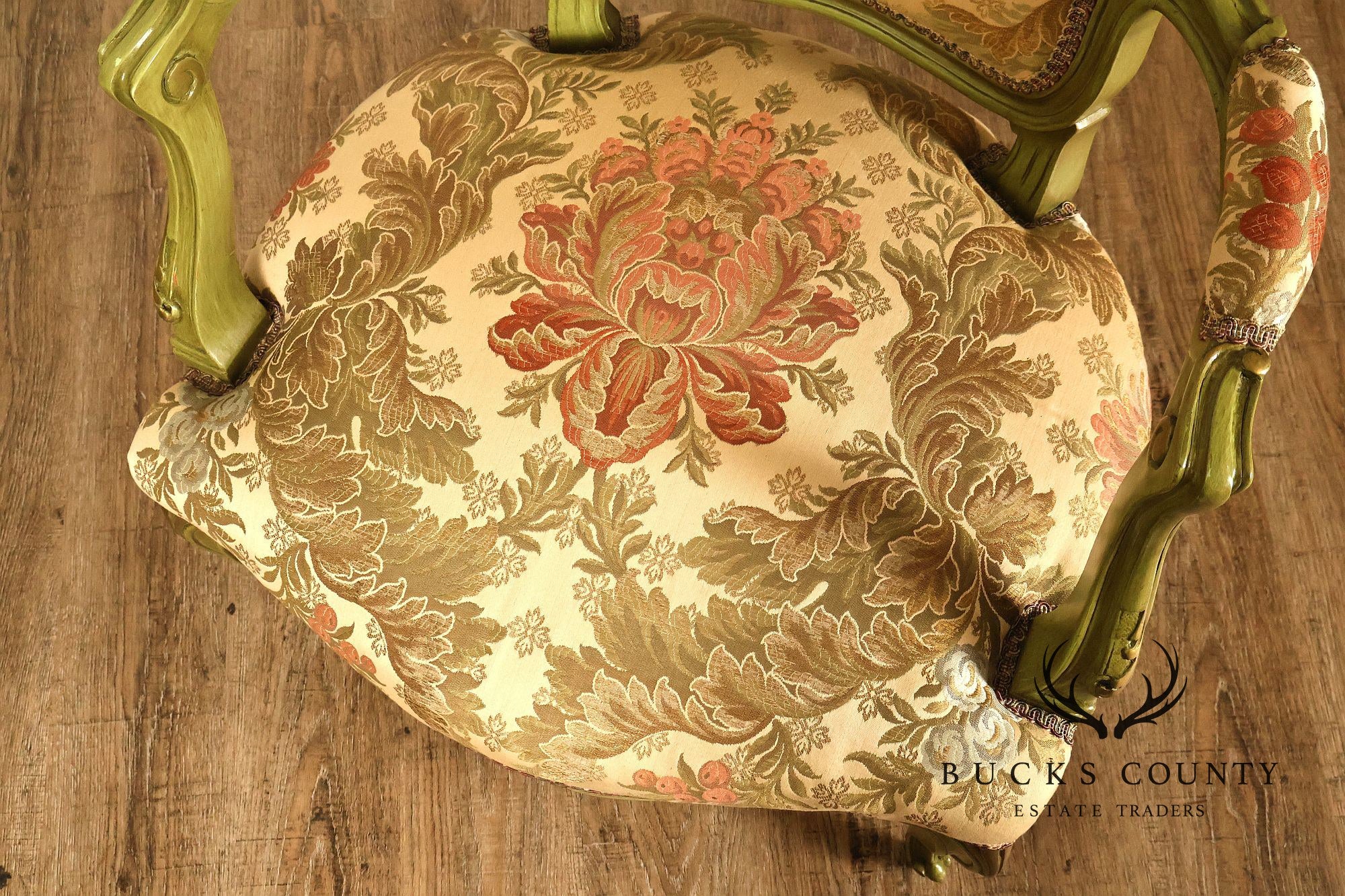Vintage Louis XV Style Green Painted Floral Upholstered Armchair