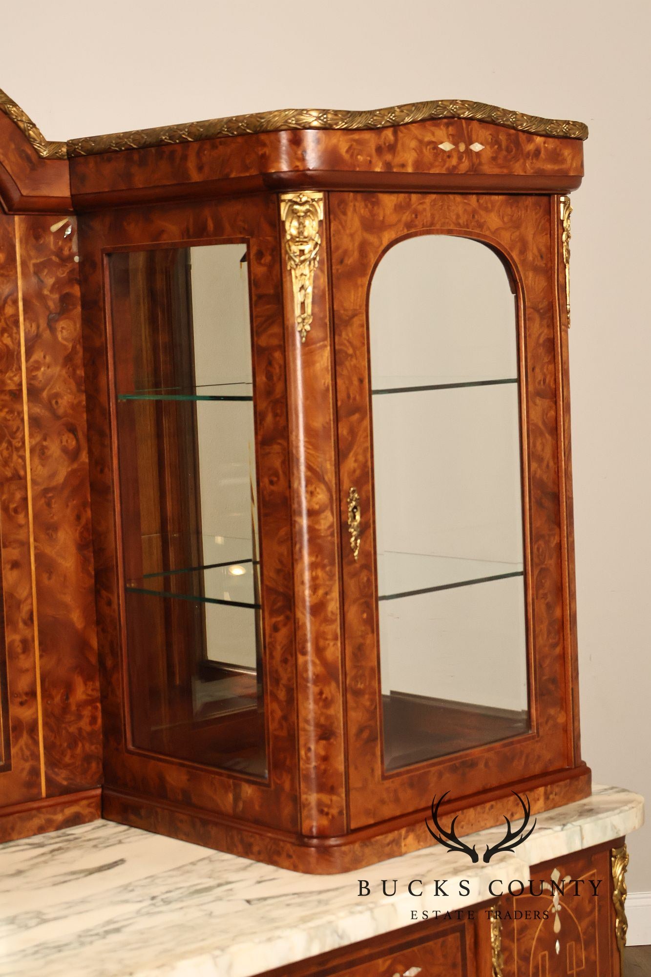 French Belle Époque Art Nouveau Burled Walnut Marble Top Sideboard With Display Cabinets