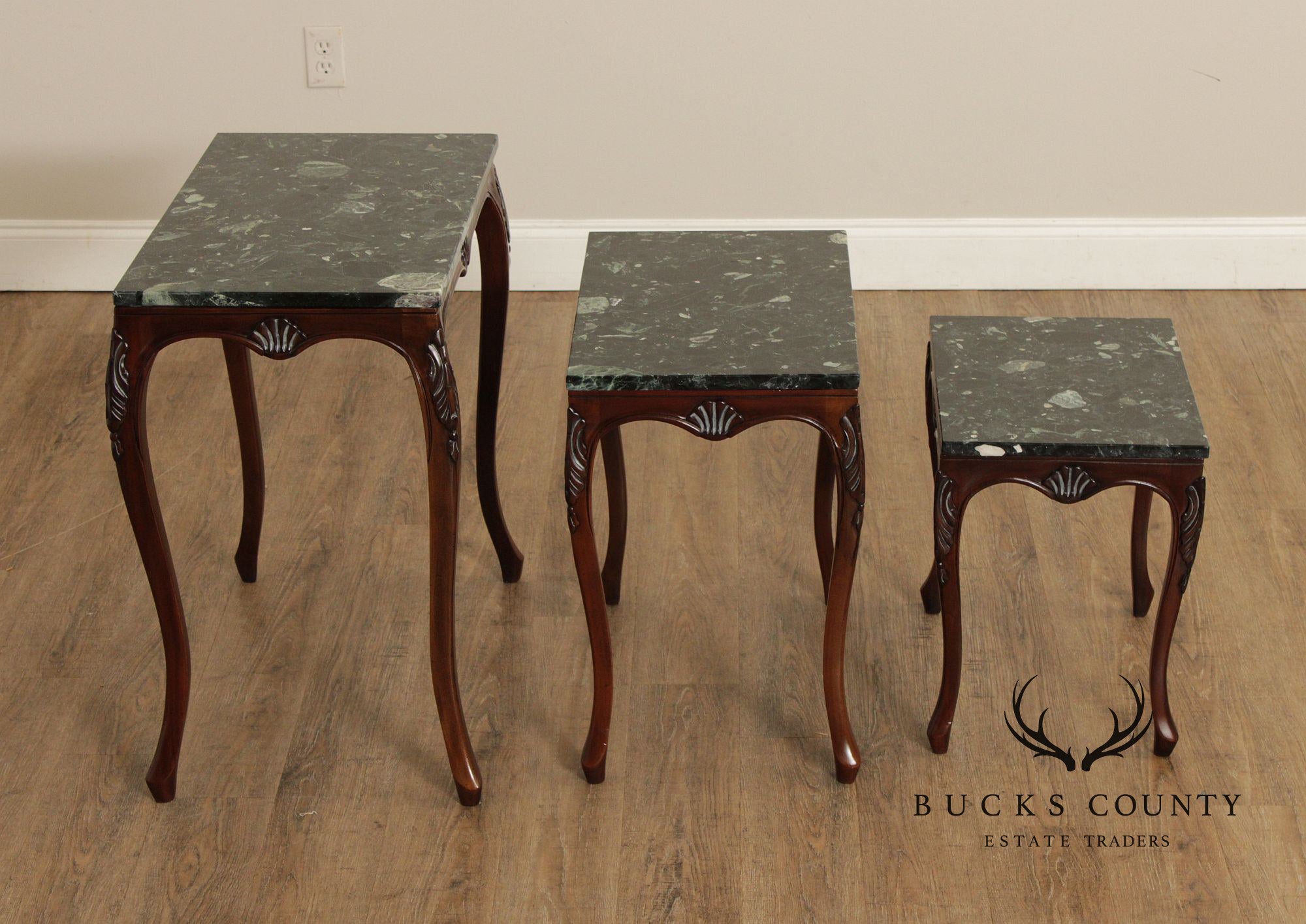 Rococo Style Set of Three Marble Top Mahogany Nesting Tables