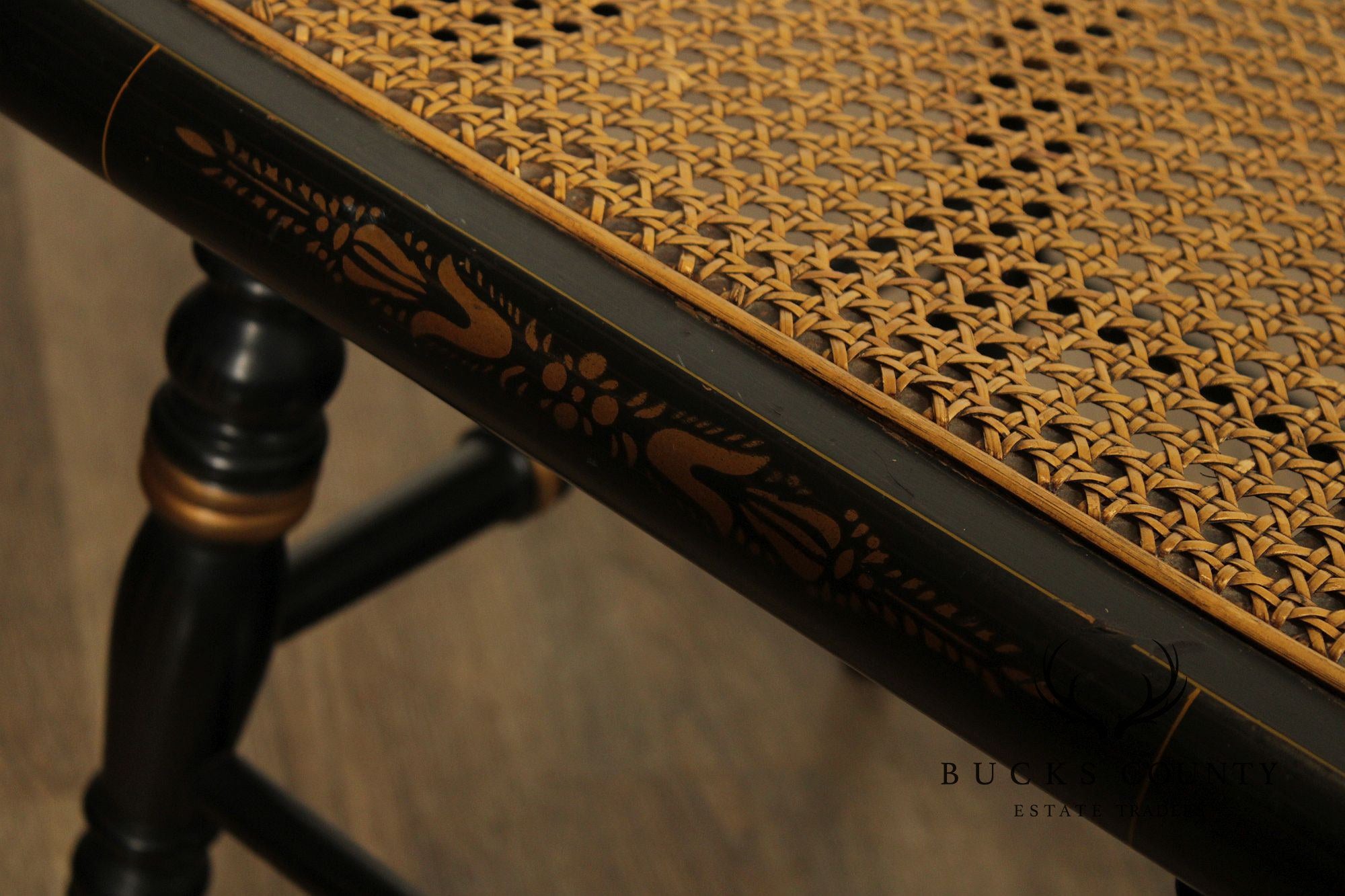 Pair Of L. Hitchcock Black And Gold Hand Stenciled Caned Benches