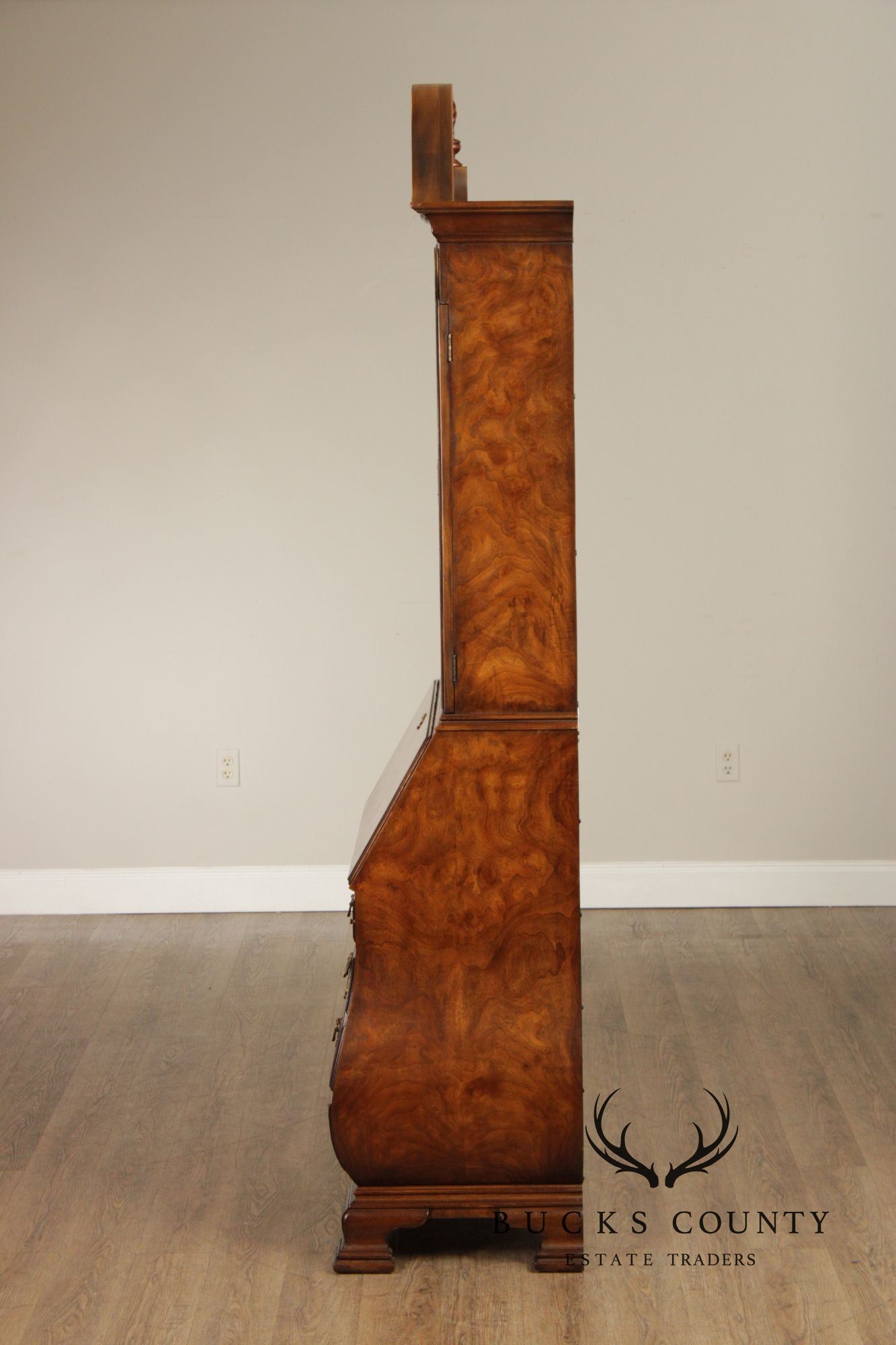 Chippendale Style Burled Walnut Bombe Secretary Desk Bookcase By Heritage Heirloom