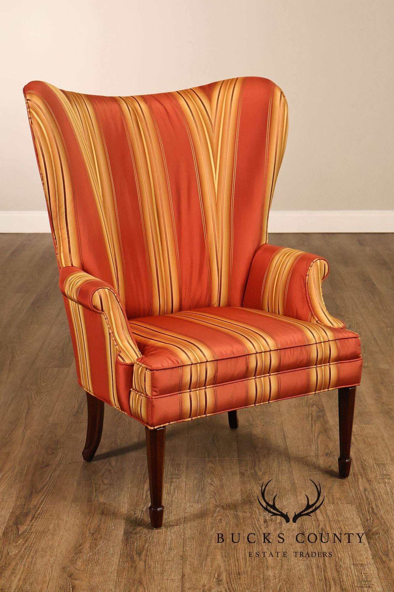 Custom Quality Pair Of Mahogany Fanback Wing Chairs