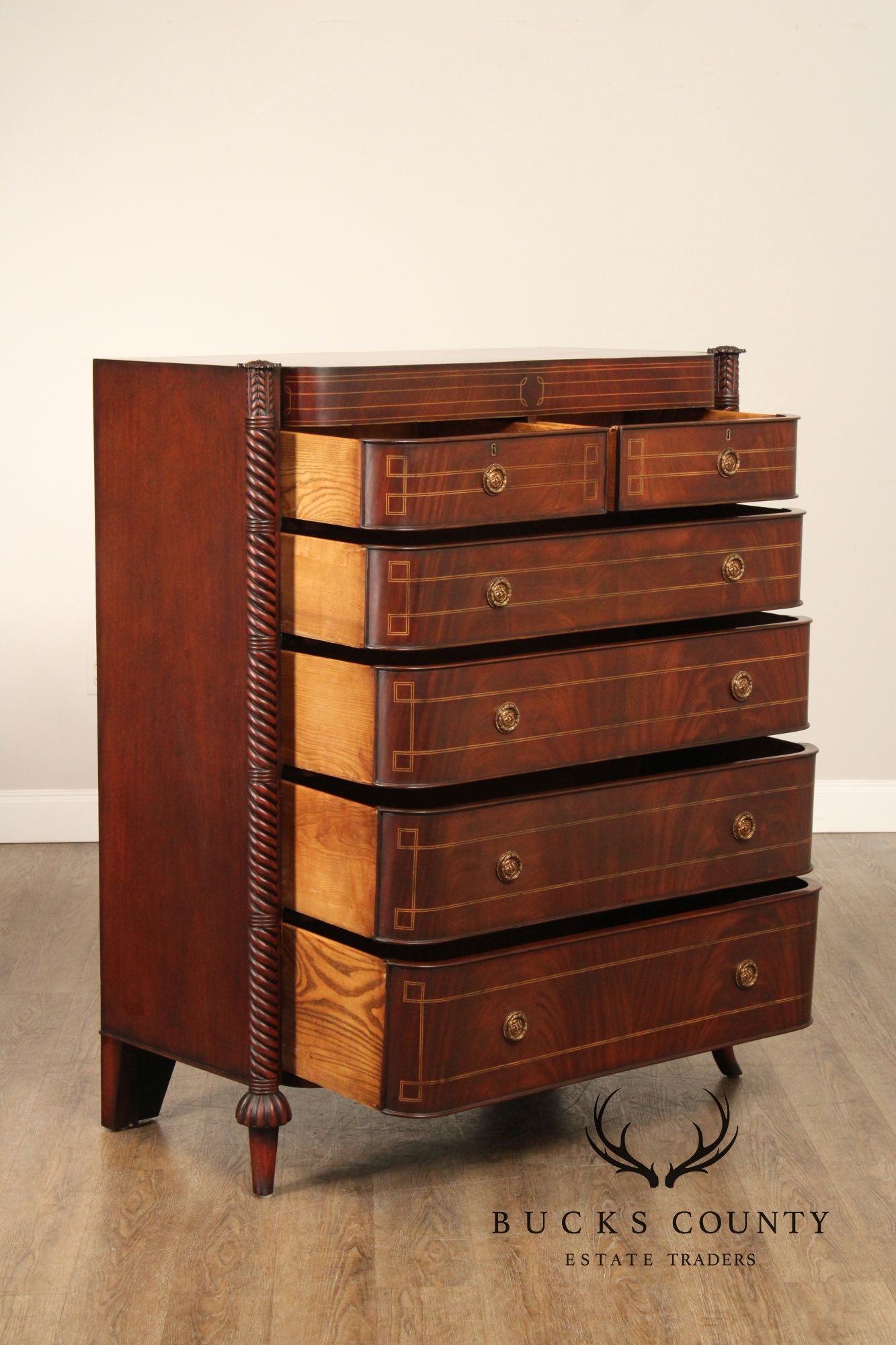 Edwardian Style Custom Mahogany Inlaid High Chest Of Drawers
