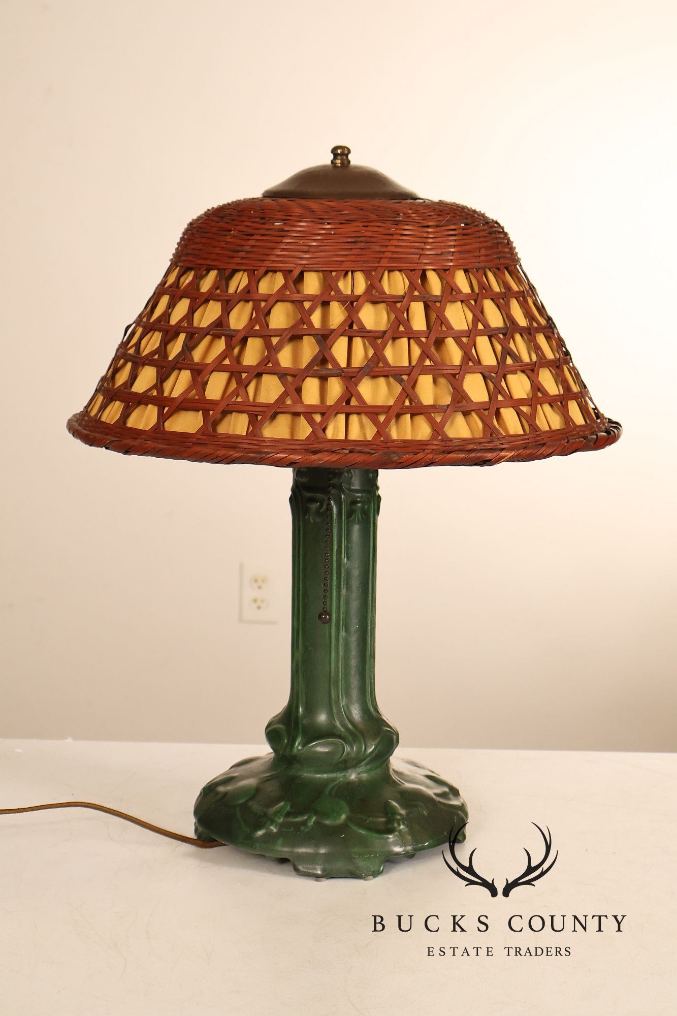 Weller Pottery Art Nouveau Green Glazed Table Lamp with Wicker Shade