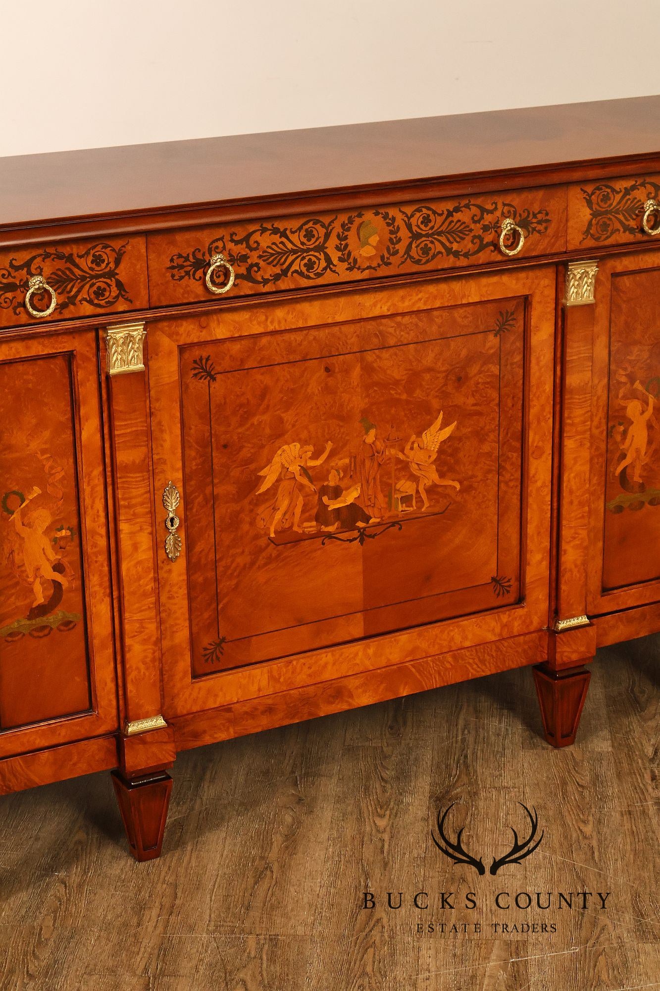 Rho Mobili D'Epoca Neoclassical Burl Wood Marquetry Inlaid Sideboard