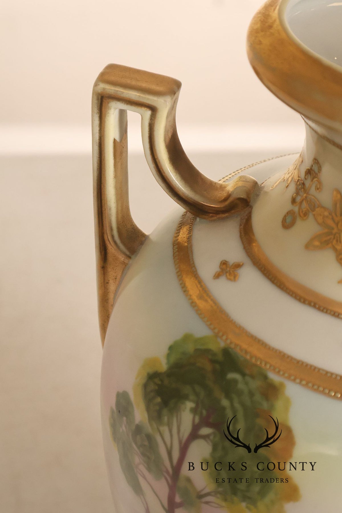 Antique Hand Painted Nippon Porcelain Twin Handle Landscape Urn With Gilt Decoration