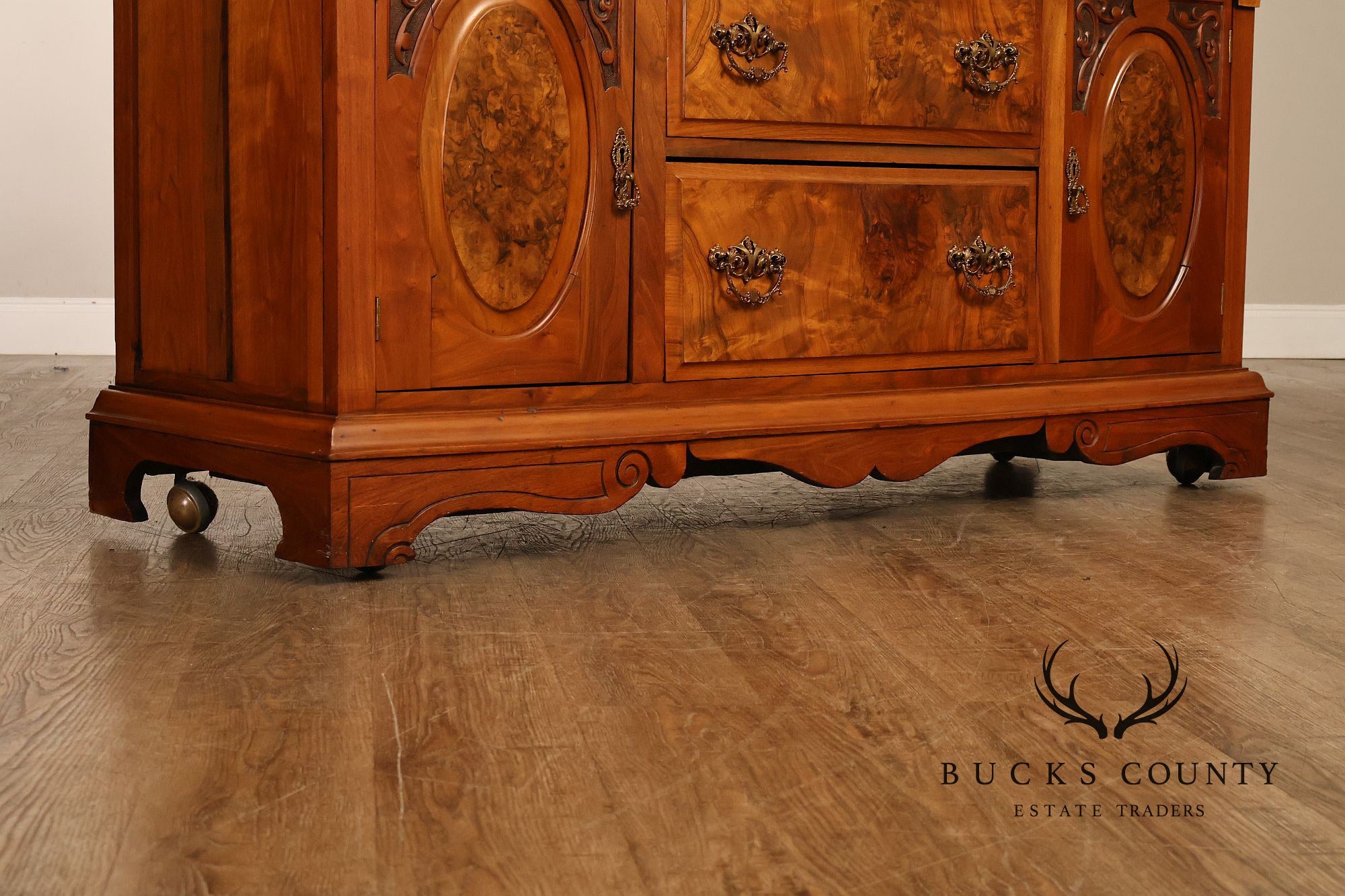 Antique Mirrored Burl Walnut Buffet Sideboard