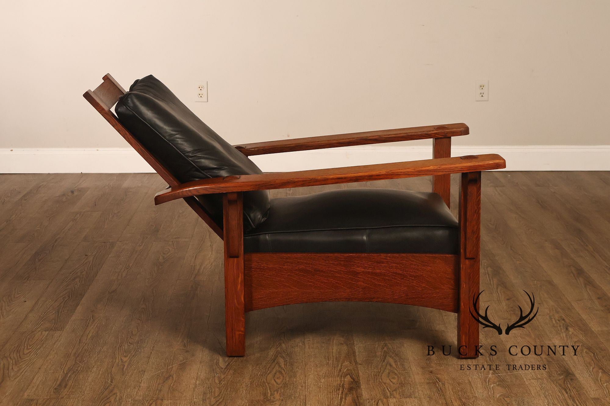 Antique Limbert Arts And Crafts Oak Morris Chair With Leather Cushions