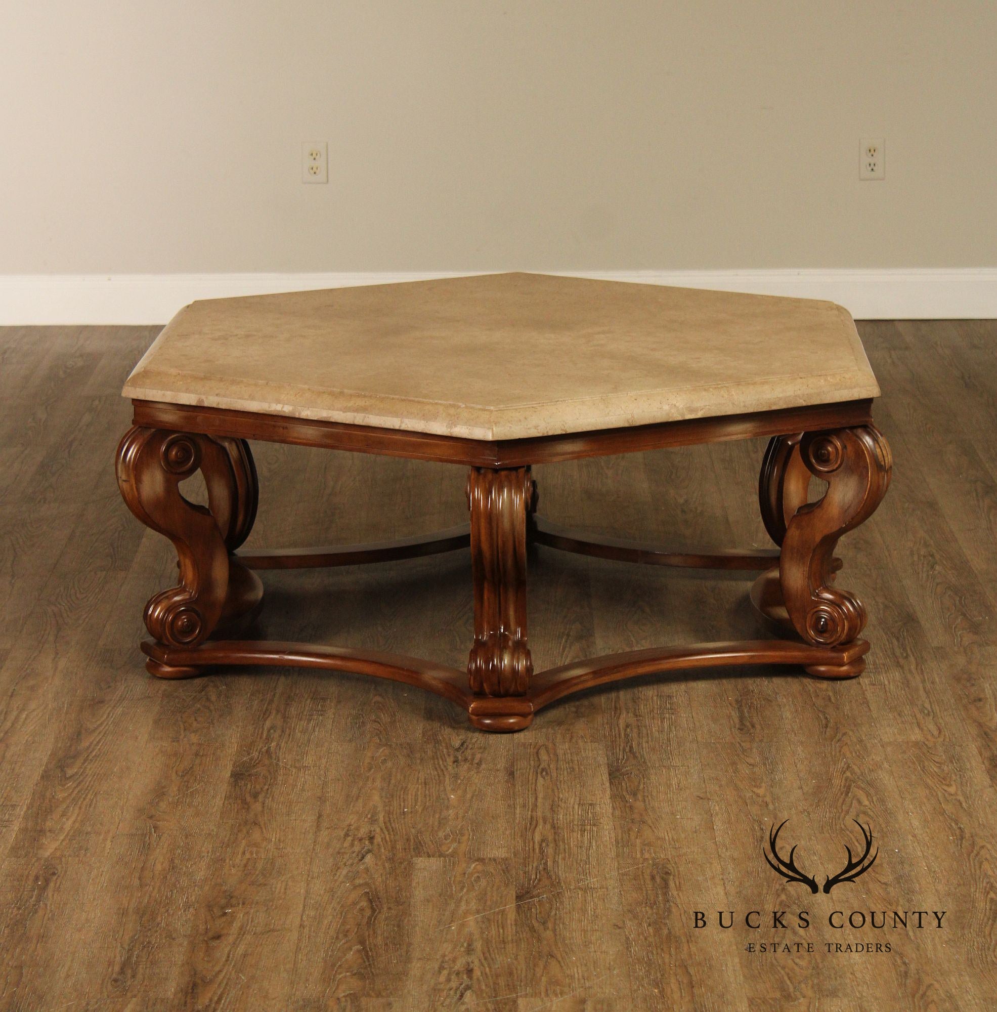 Century Furniture Tuscan Style Large Travertine Top Hexagonal Coffee Table