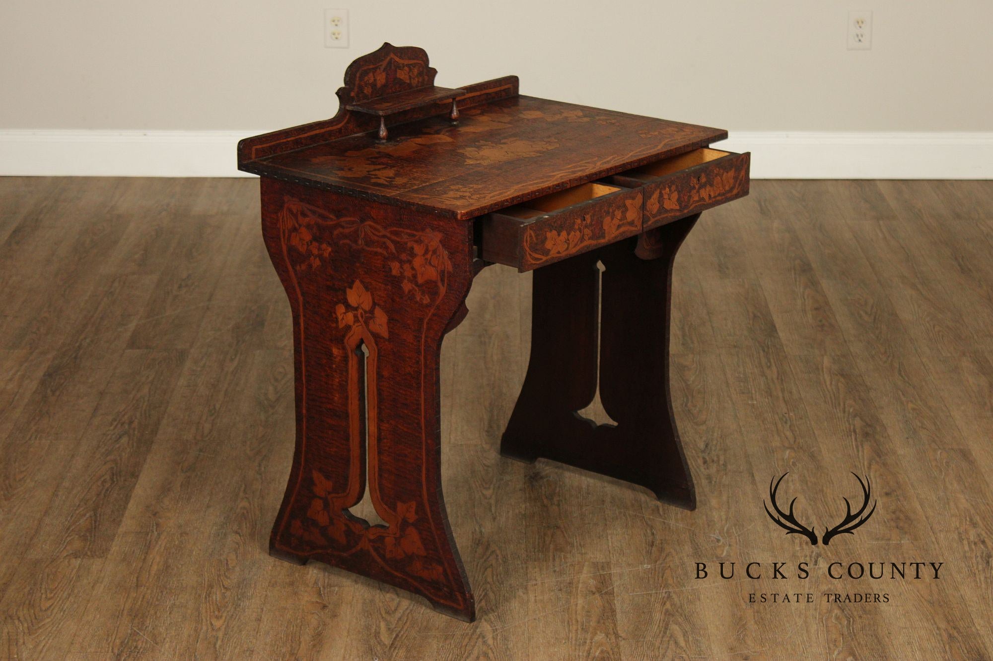 Antique Art Nouveau Style Carved And Pyrography Writing Desk And Chair Set