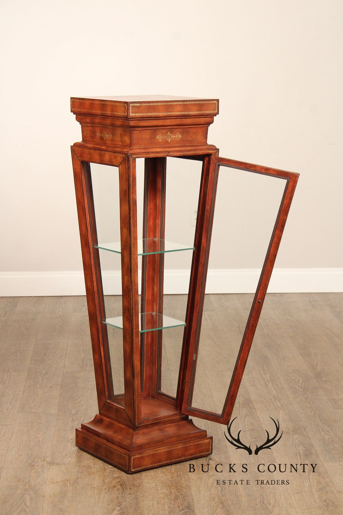 Maitland Smith Leather Wrapped Pedestal Display Cabinet