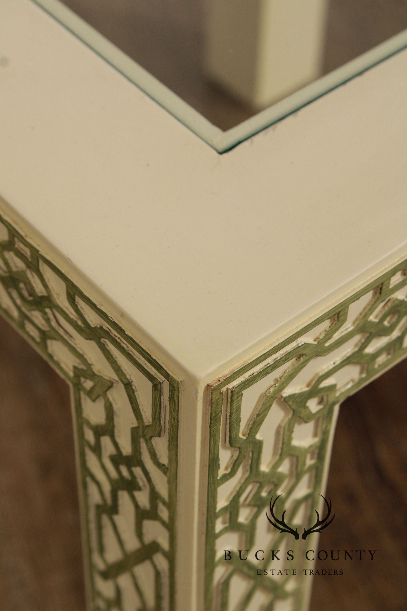 Hollywood Regency Pair Of Lacquered Greek Key Glass Top End Tables