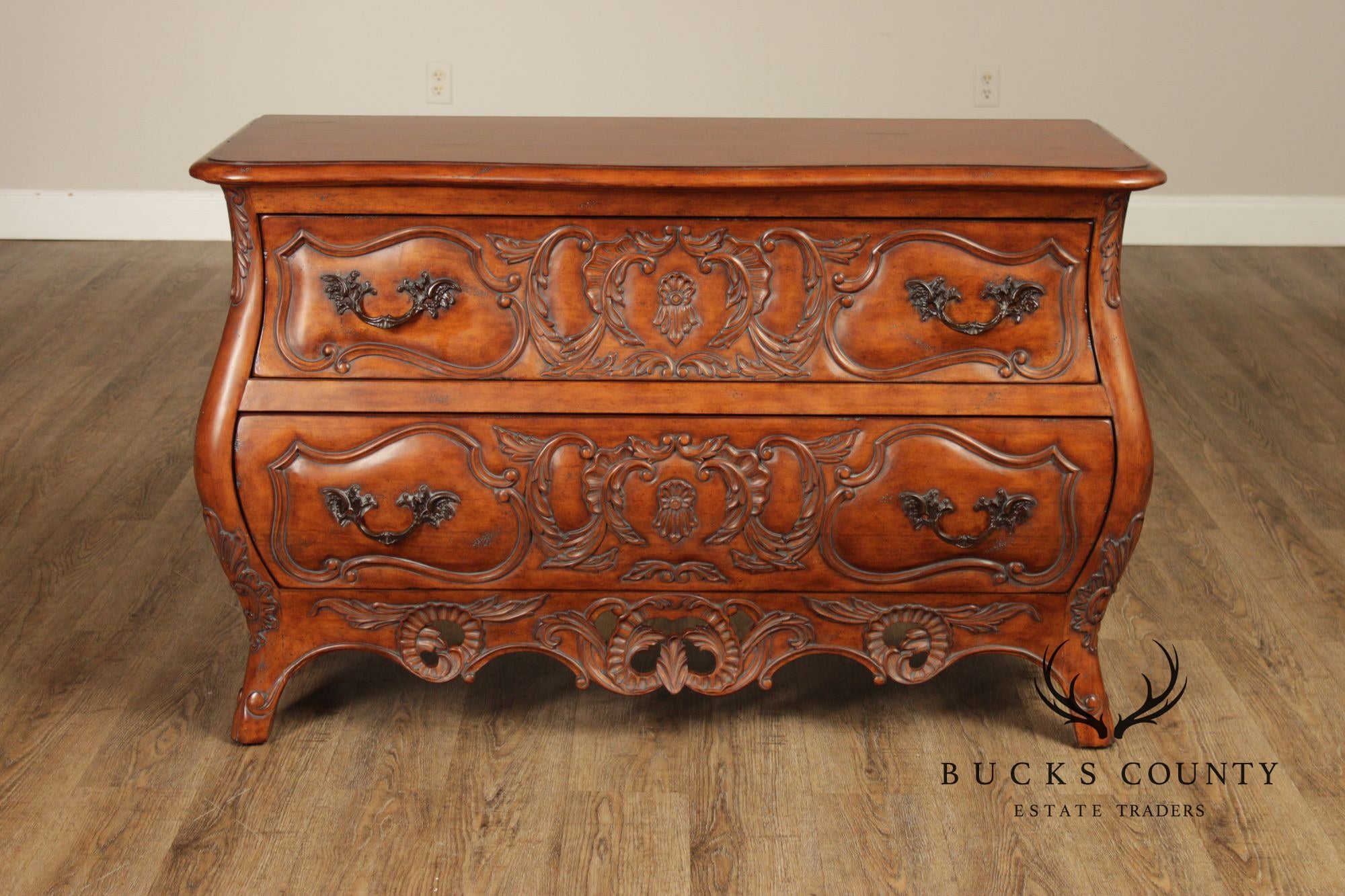 Century Furniture 'Coeur de France' Pair of Carved Cherry Bombe Chests