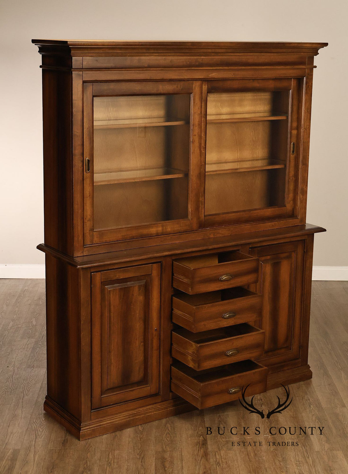 Arhaus Tuscan Italian Walnut Buffet With Sliding Glass Door Hutch