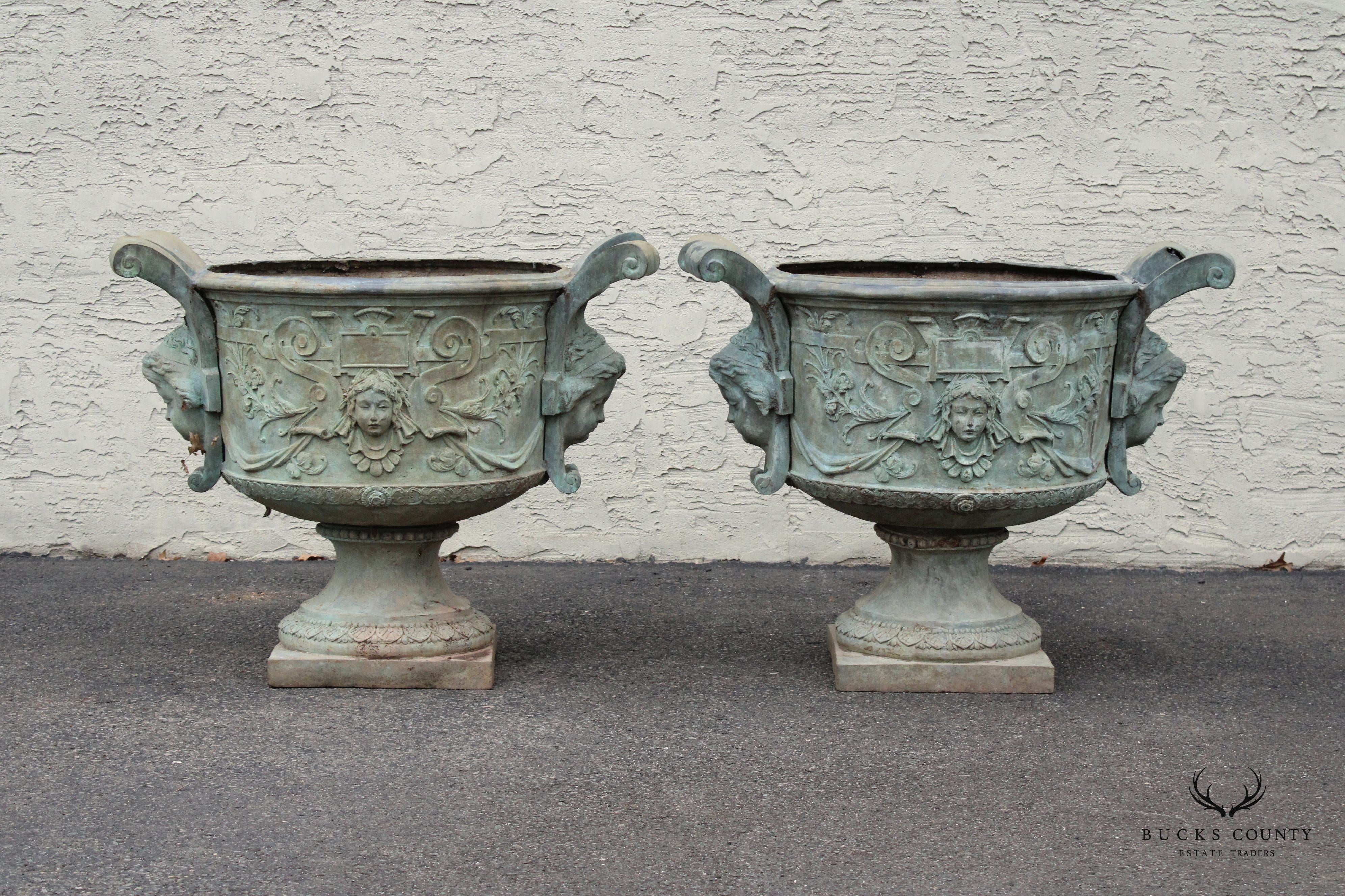 Antique Pair of Lead Alloy Outdoor Garden Urns