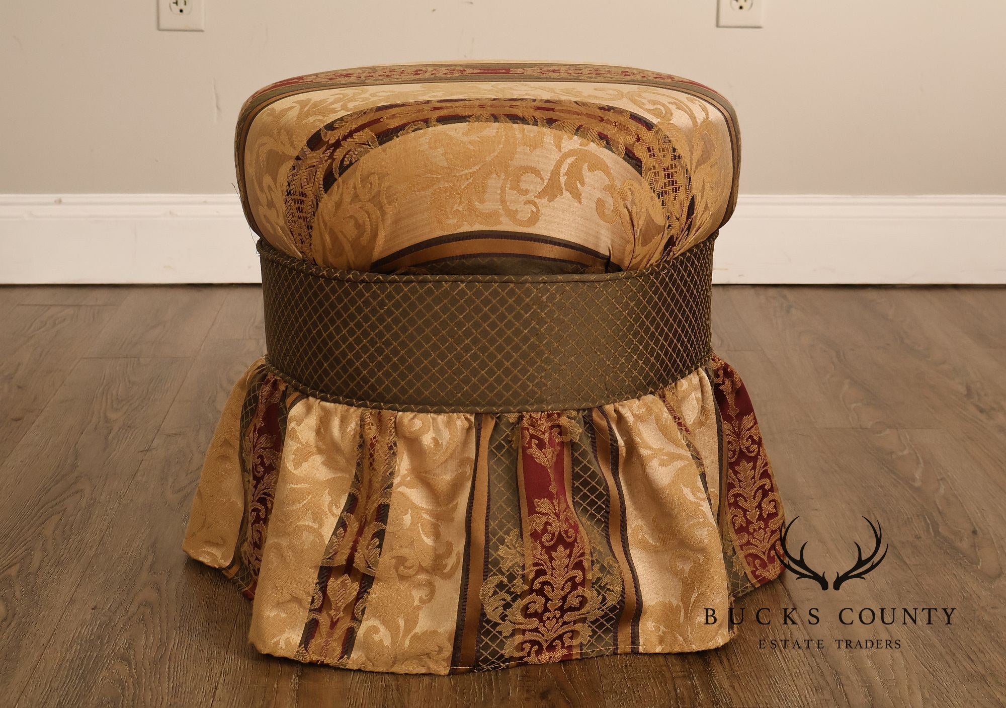 Pair Of Traditional Upholstered Skirted Round Ottomans