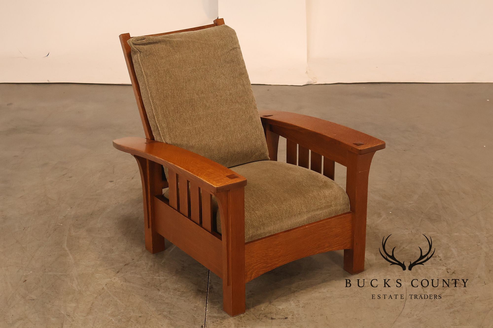 Stickley Mission Collection Oak And Custom Upholstery Bow Arm Morris Chair