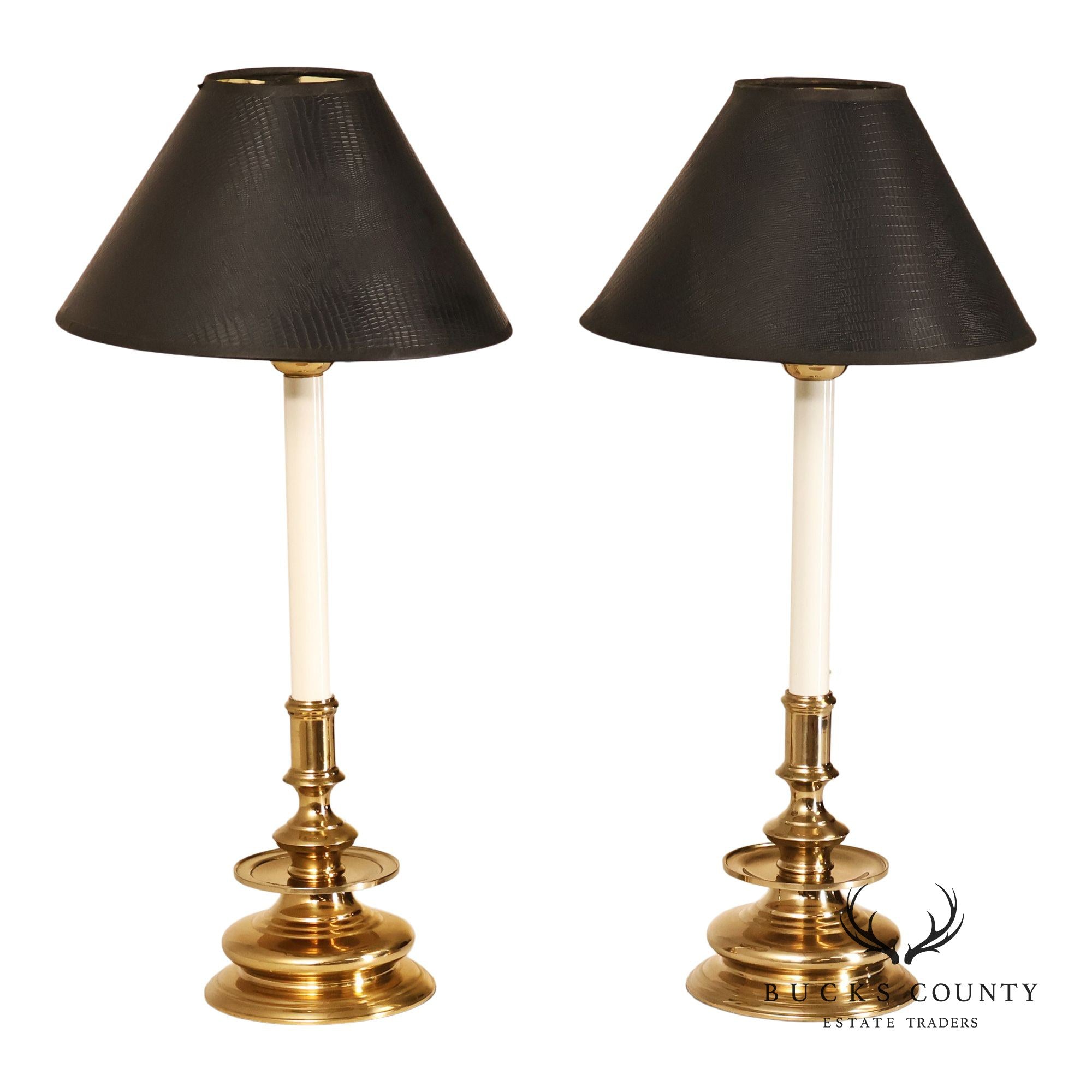 Pair of Brass Candlestick Style Table Lamps with Black Faux Alligator Shades