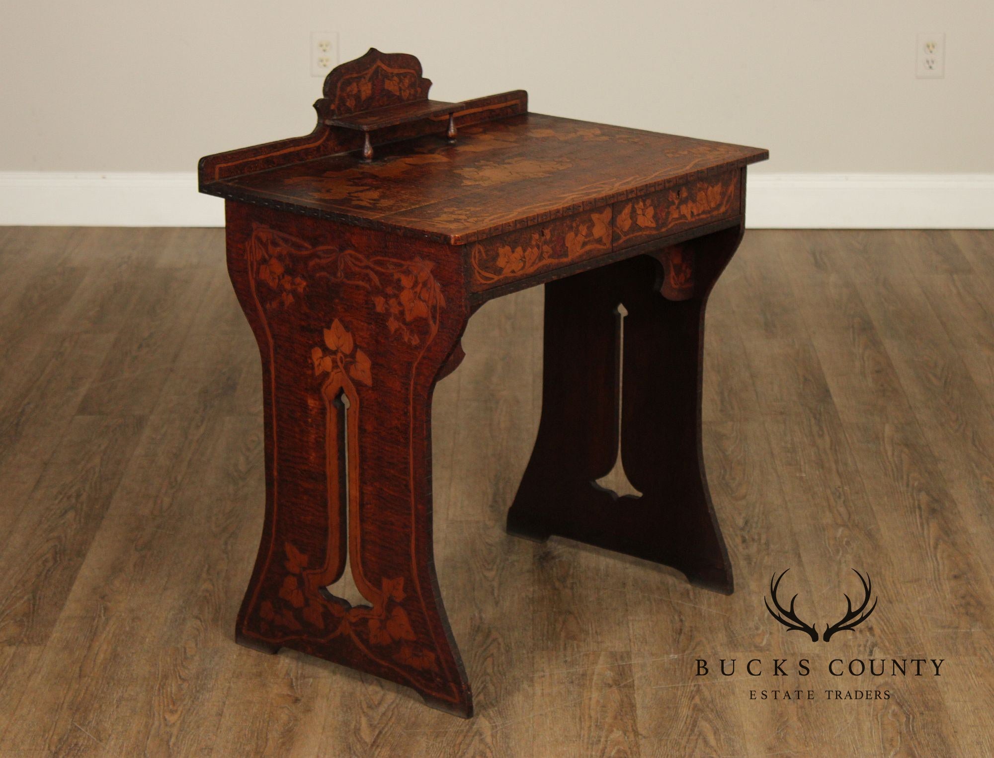 Antique Art Nouveau Style Carved And Pyrography Writing Desk And Chair Set