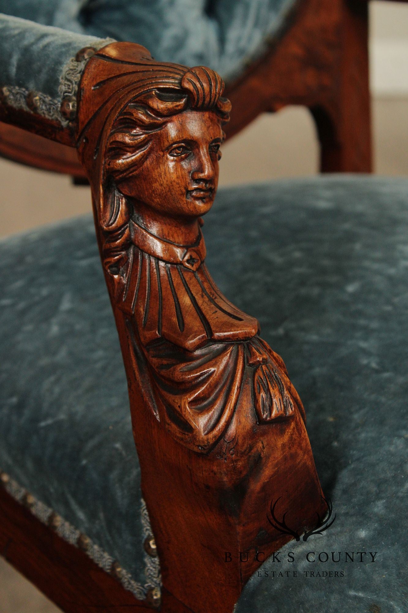 Antique Renaissance Revival Figural Carved Walnut Armchair