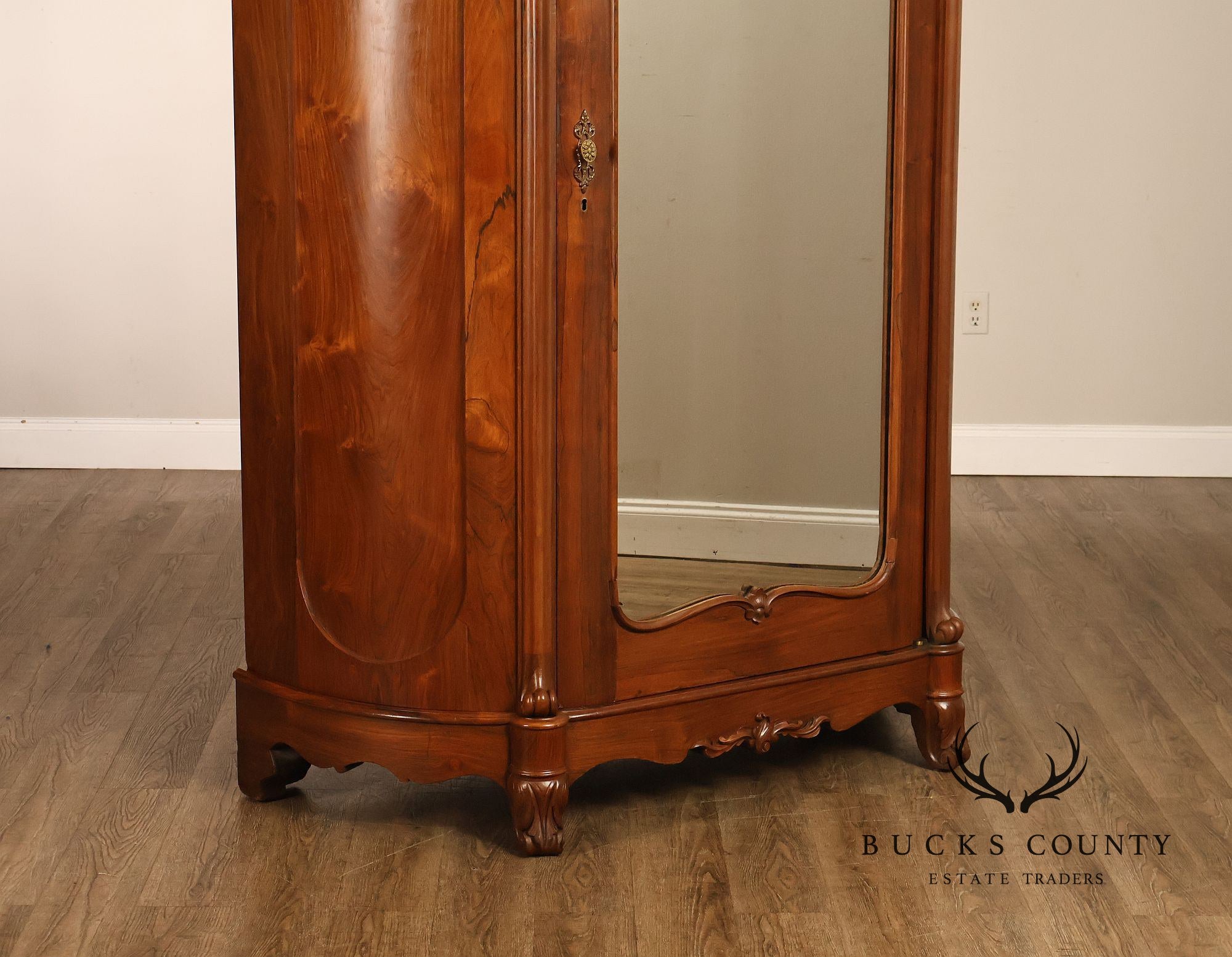 Antique Renaissance Revival Louis XV Style Carved Walnut Mirrored Armoire