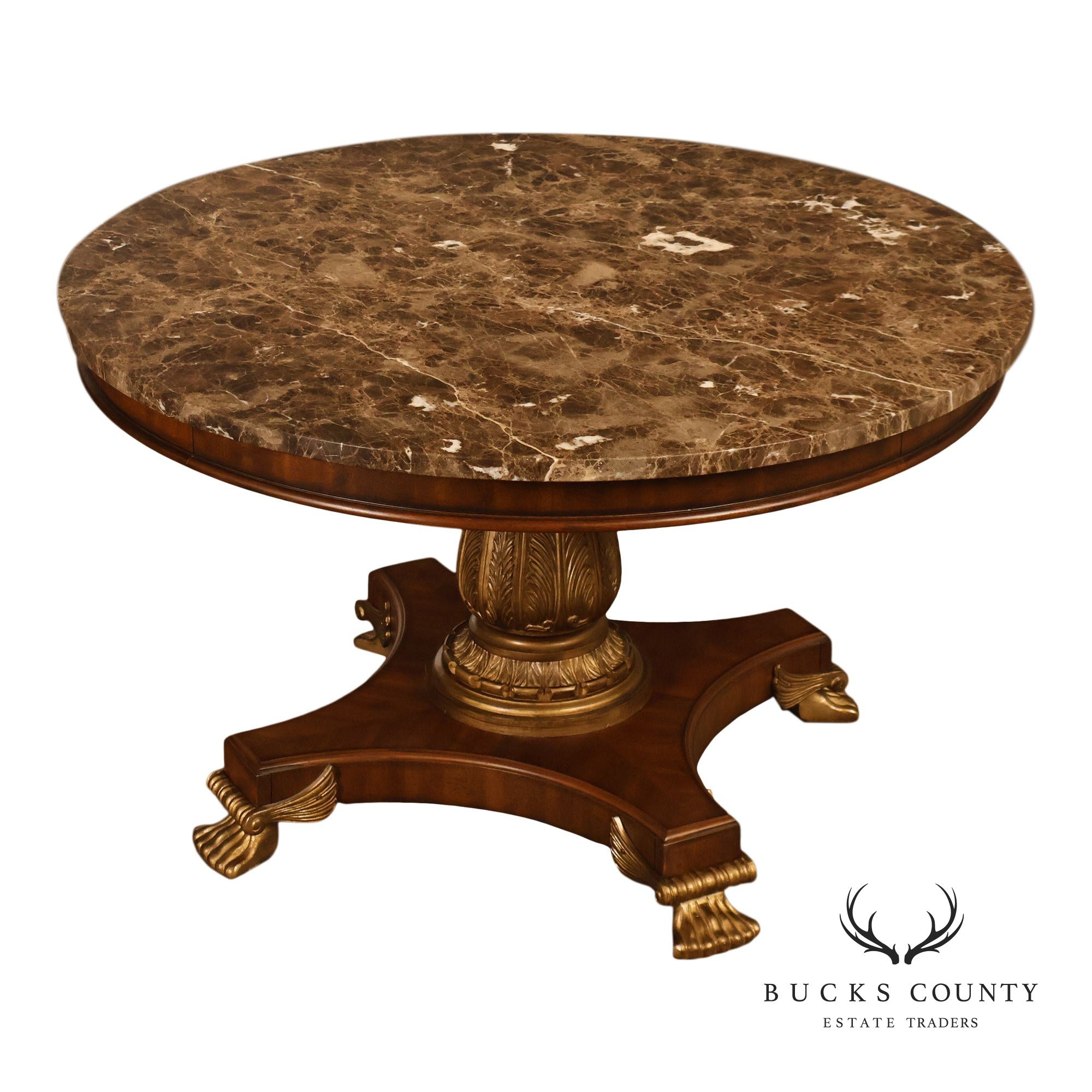 Drexel Neoclassical Revival Round Marble Top Pedestal Dining or Center Table With Claw Feet