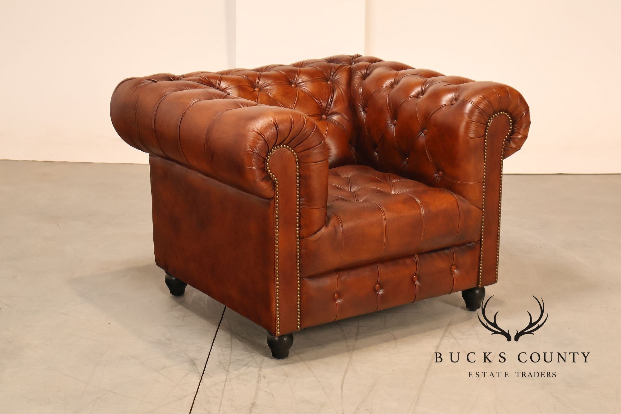 Chesterfield Style Pair of Brown Leather Club Chairs