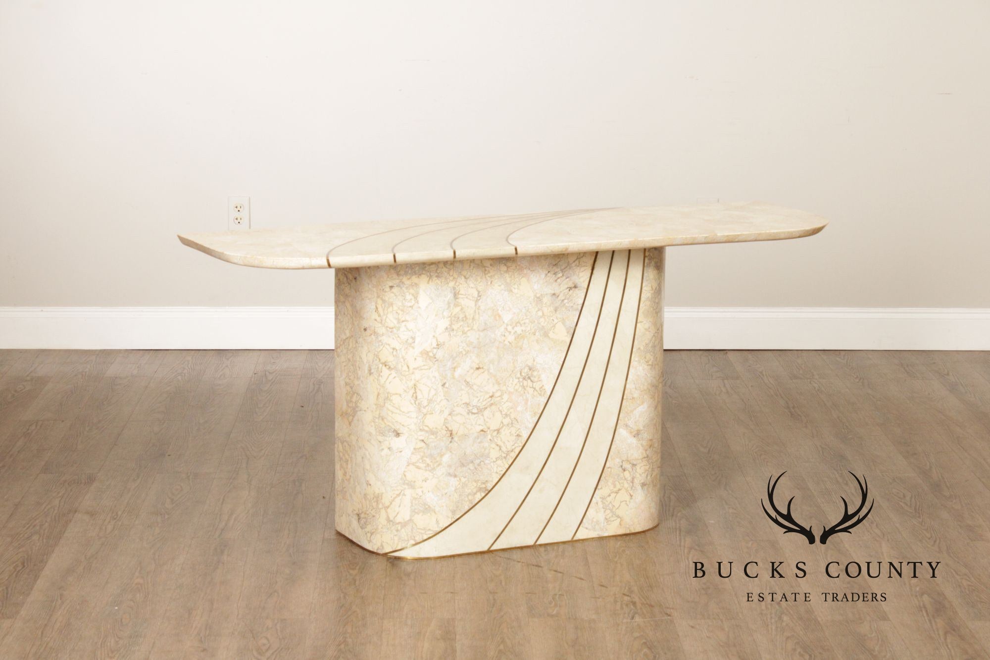 Hollywood Regency Tessellated Stone Brass Inlaid Console Table