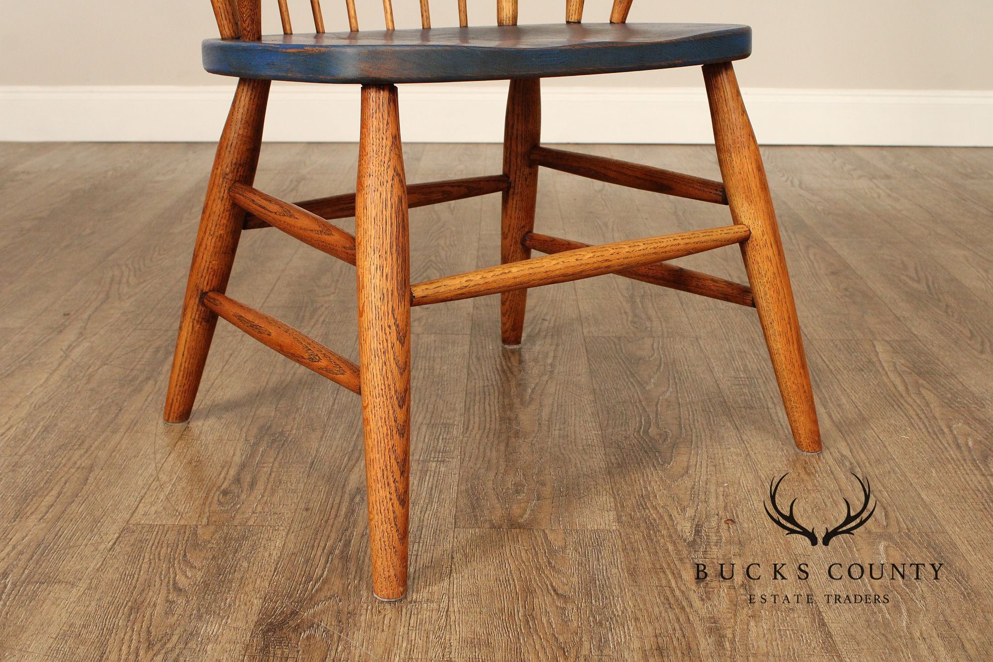 Early American Style Set of Four Oak Painted Windsor Armchairs