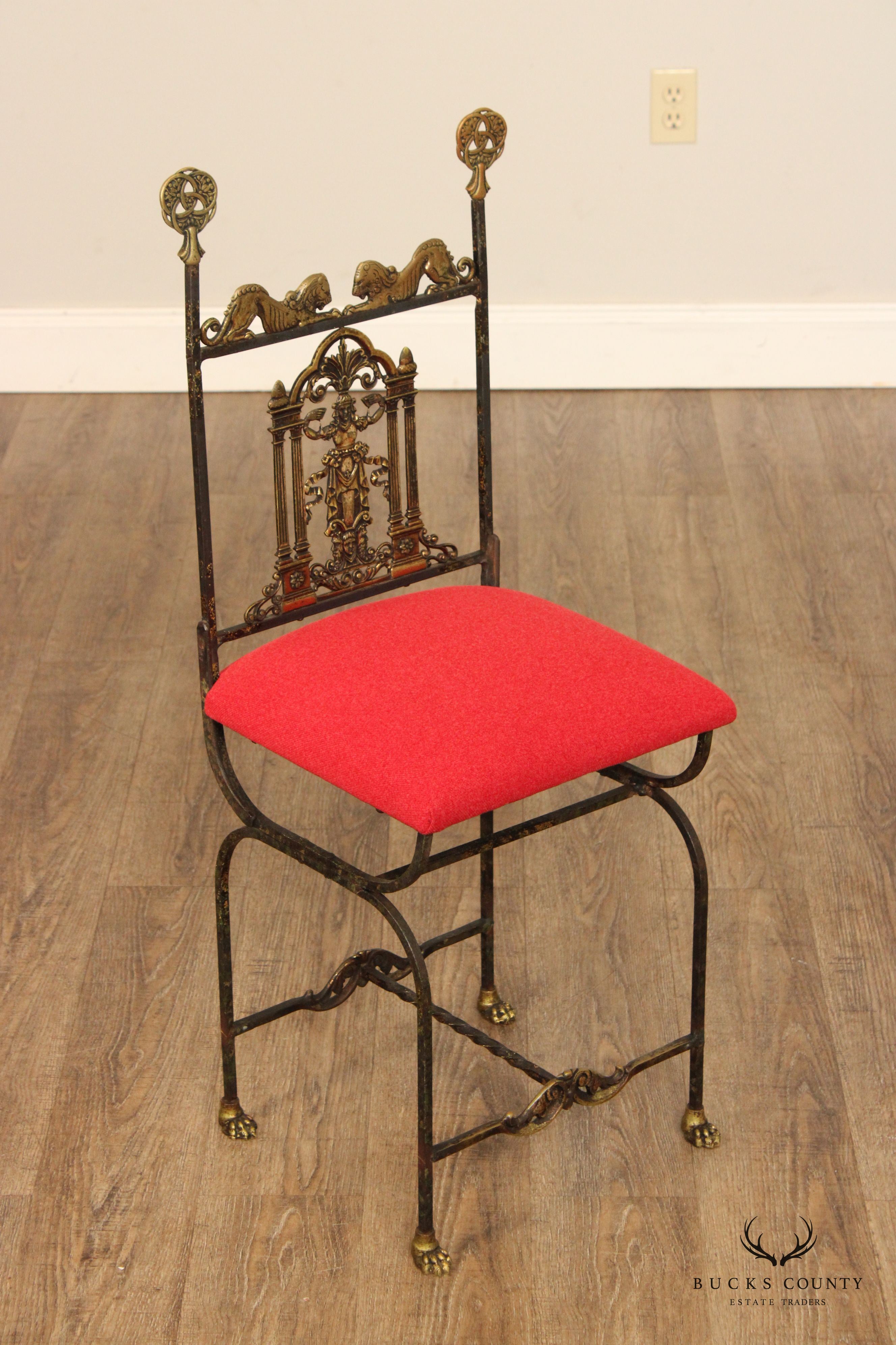 Oscar Bach Attributed Tudor Revival Style Bronze and Iron Side Chair