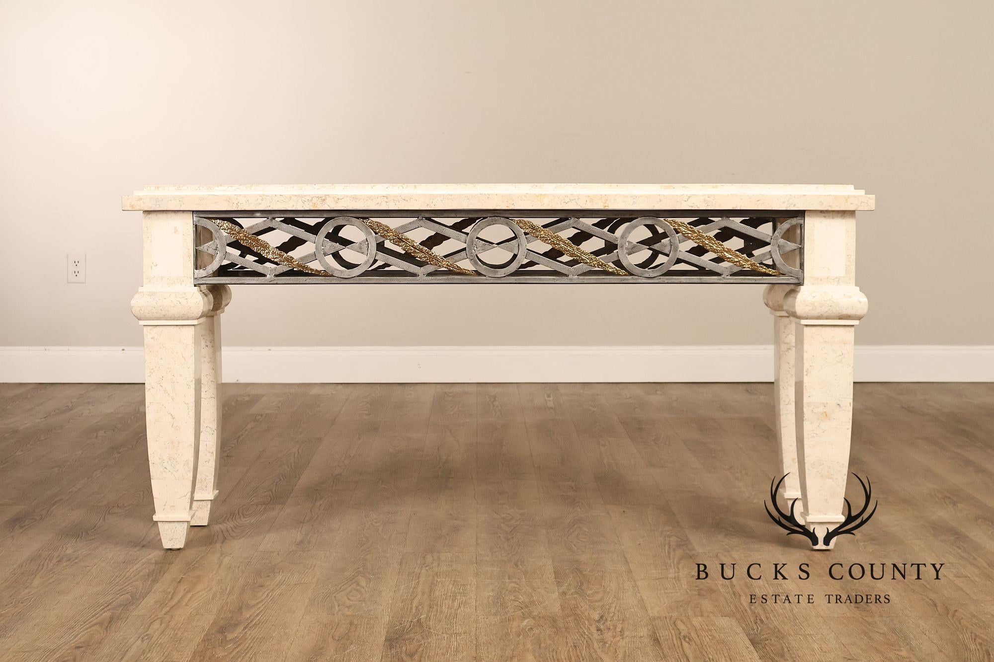 Neoclassical Style Travertine Console Table With Metal Stretcher