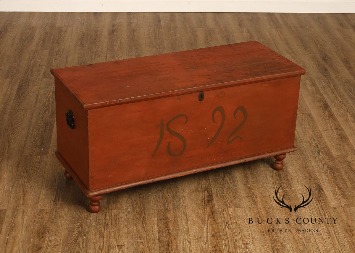 Antique Primitive Pine Painted Blanket Chest On Turned Feet