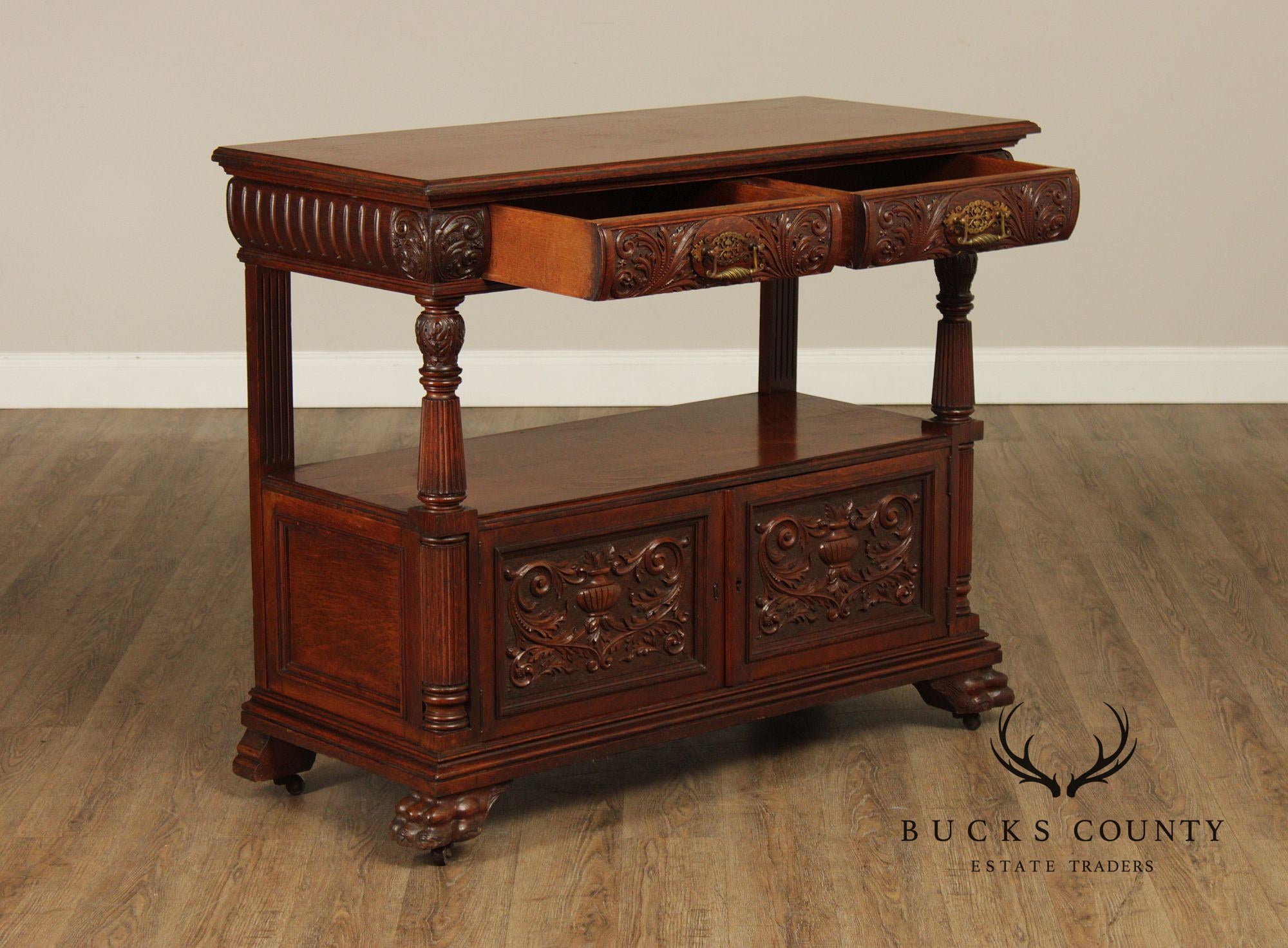 Antique Carved Oak Server Cabinet In The Manner Of R. J. Horner