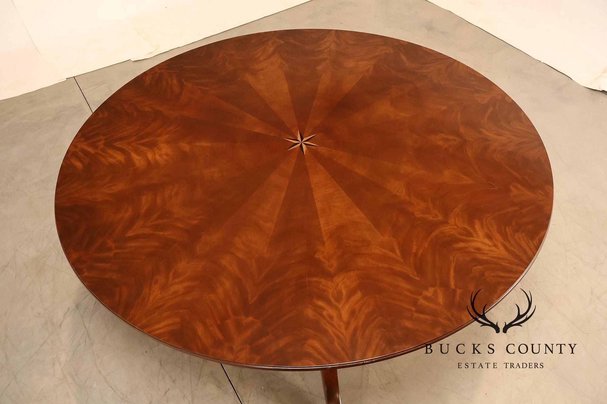 E.J. Victor Regency Style Round Inlaid Mahogany Pedestal Dining Table