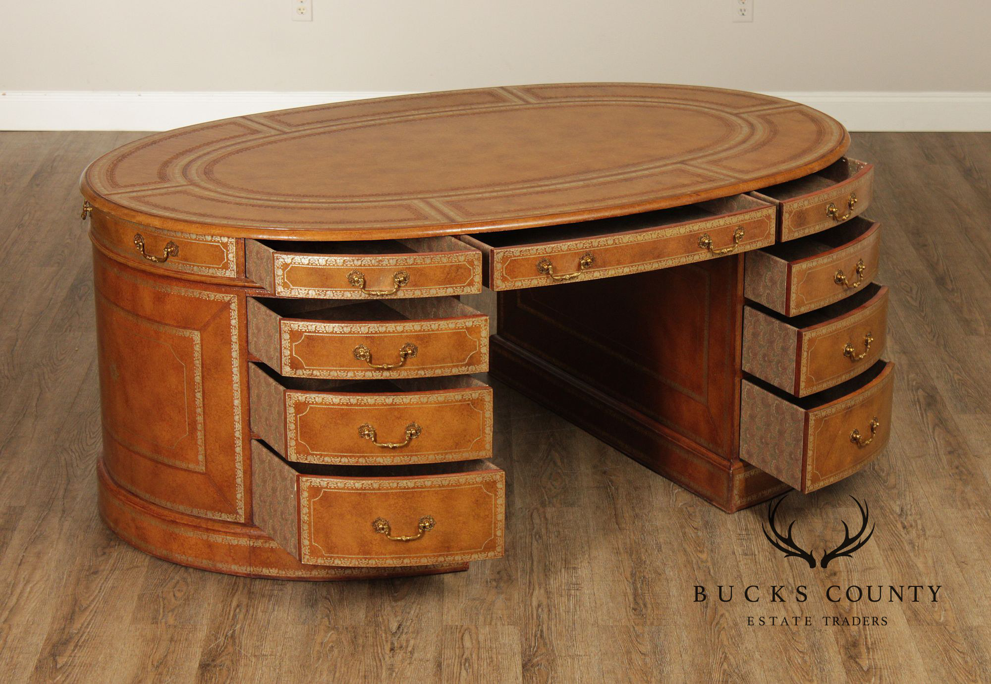 Maitland Smith Leather Wrapped Oval Executive Partners Desk