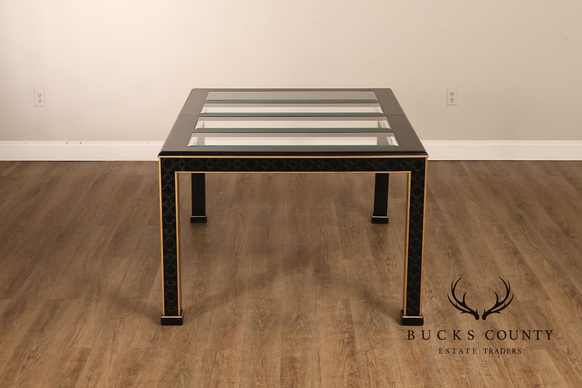 Chinese Chippendale Black Lacquered Dining Table With Two Leaves, Inset Glass