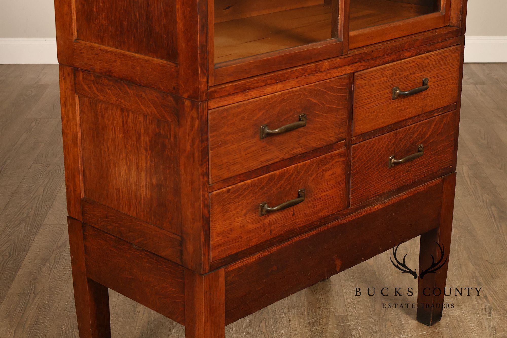 Globe Oak Sectional Bookcase Cabinet With Sliding Glass Doors And Drawers