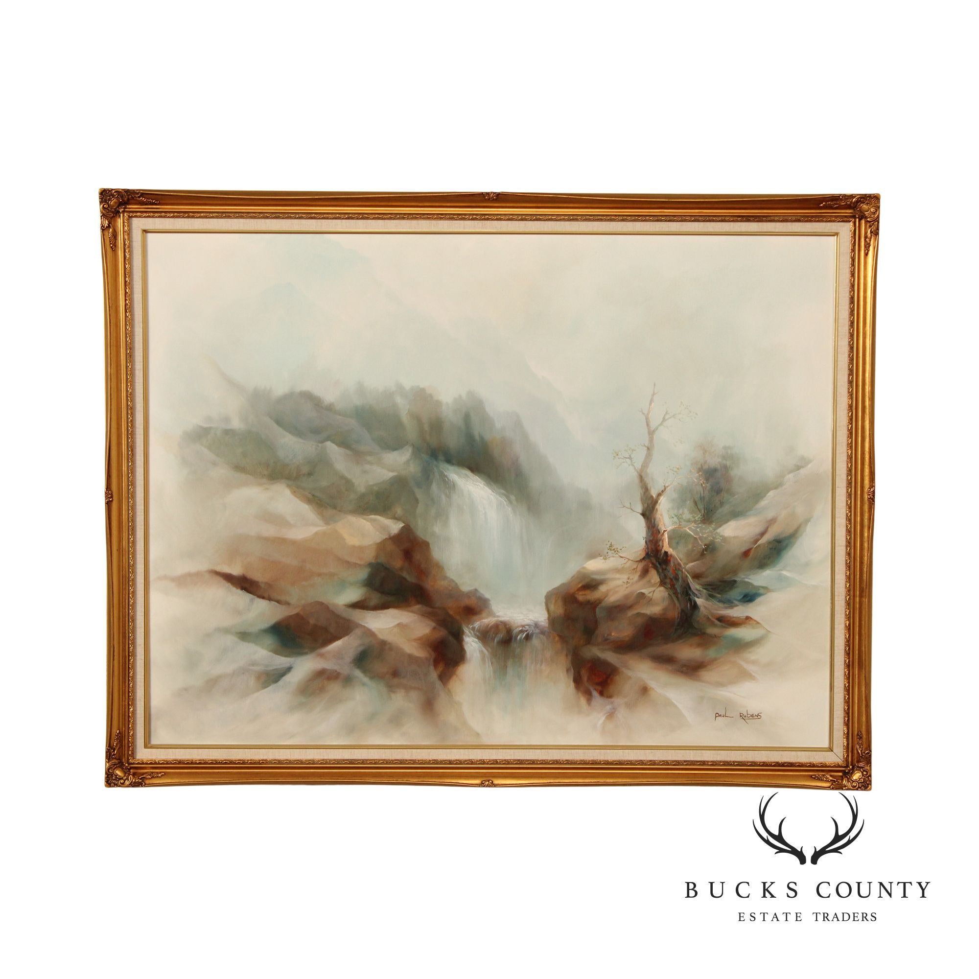 Paul Rubens Mountain Waterfall Landscape Framed Oil Painting
