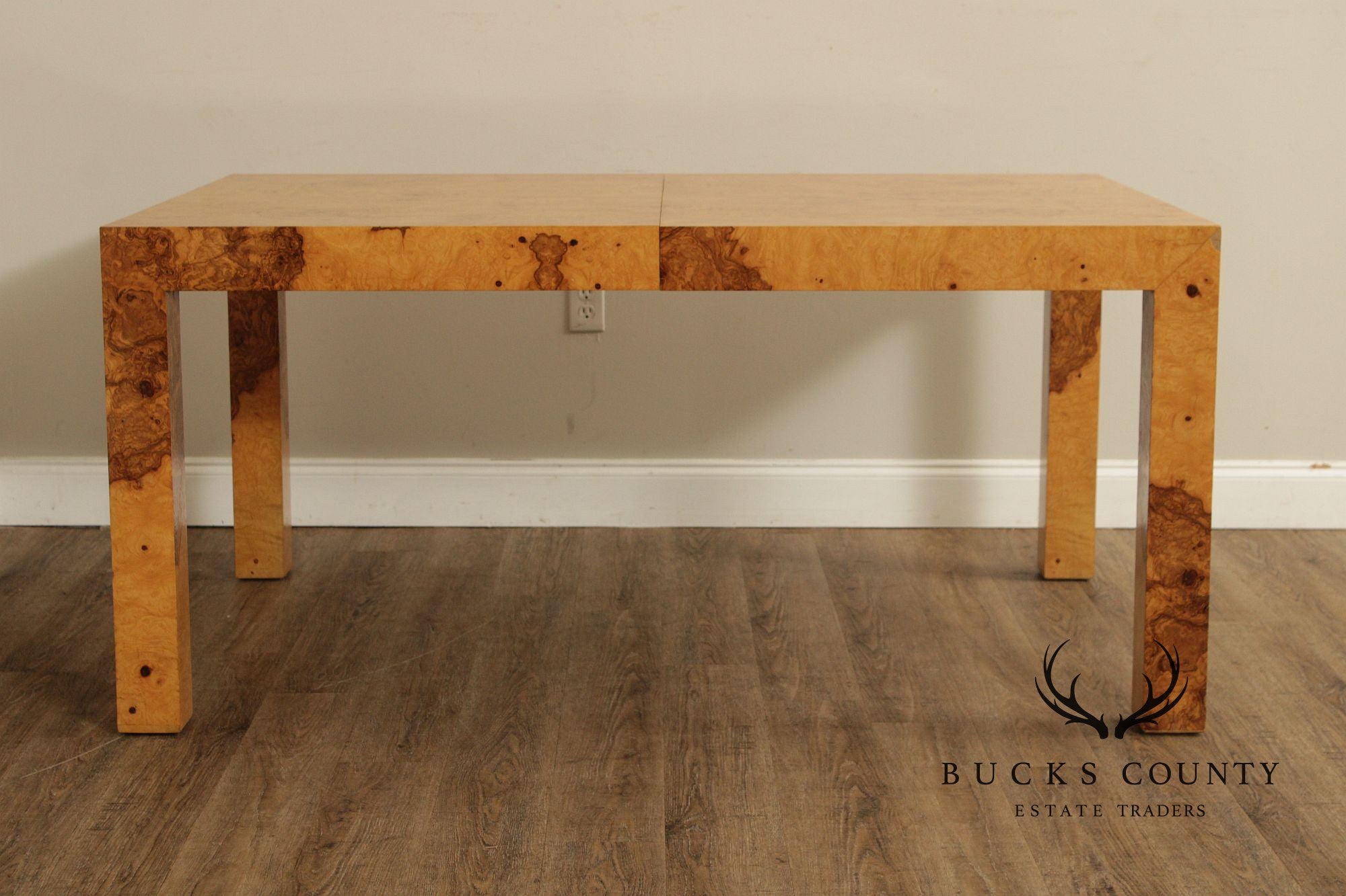 Mid-Century Modern Burlwood Parsons Extension Dining Table with 2 Leaves