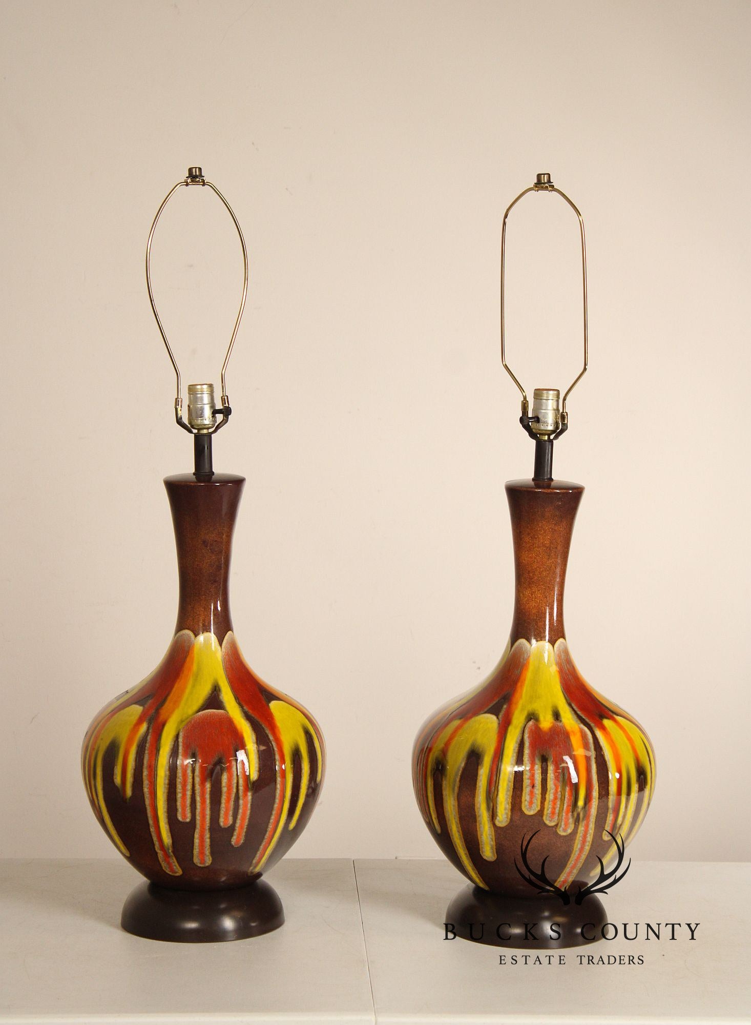 Mid Century Modern Pair of Drip Glazed Porcelain Table Lamps