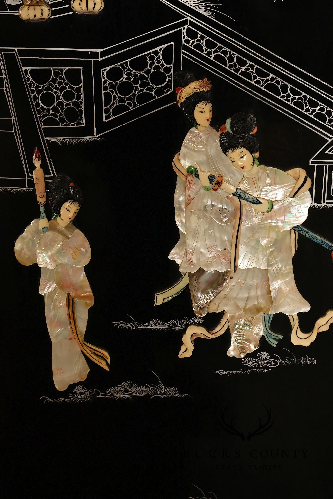 Asian Black Lacquer Vintage Pair Of Four Panel Folding Screens With Mother Of Pearl Inlay