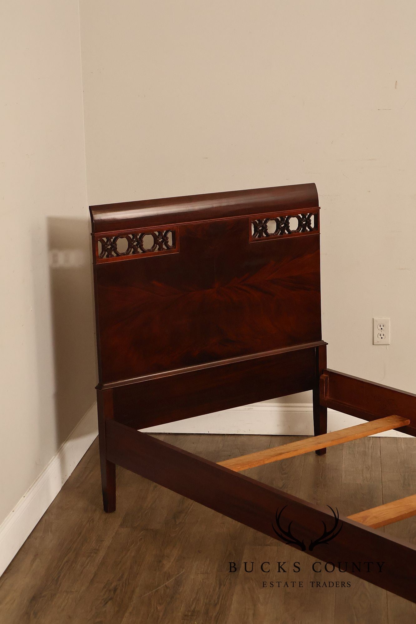 Pair of Vintage Flame Mahogany Twin Beds with Pierced Headboards, Circa 1940s