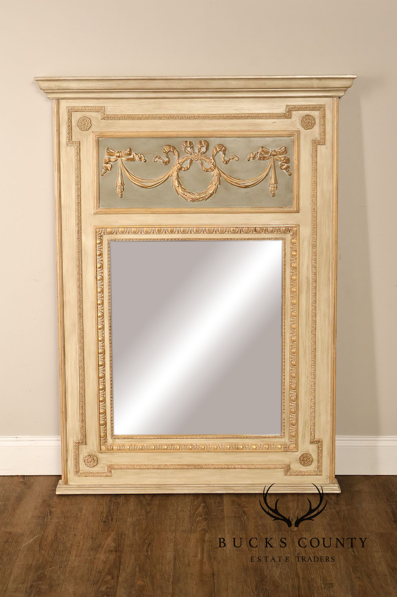 French Neoclassical Style Distress Painted Trumeau Mirror