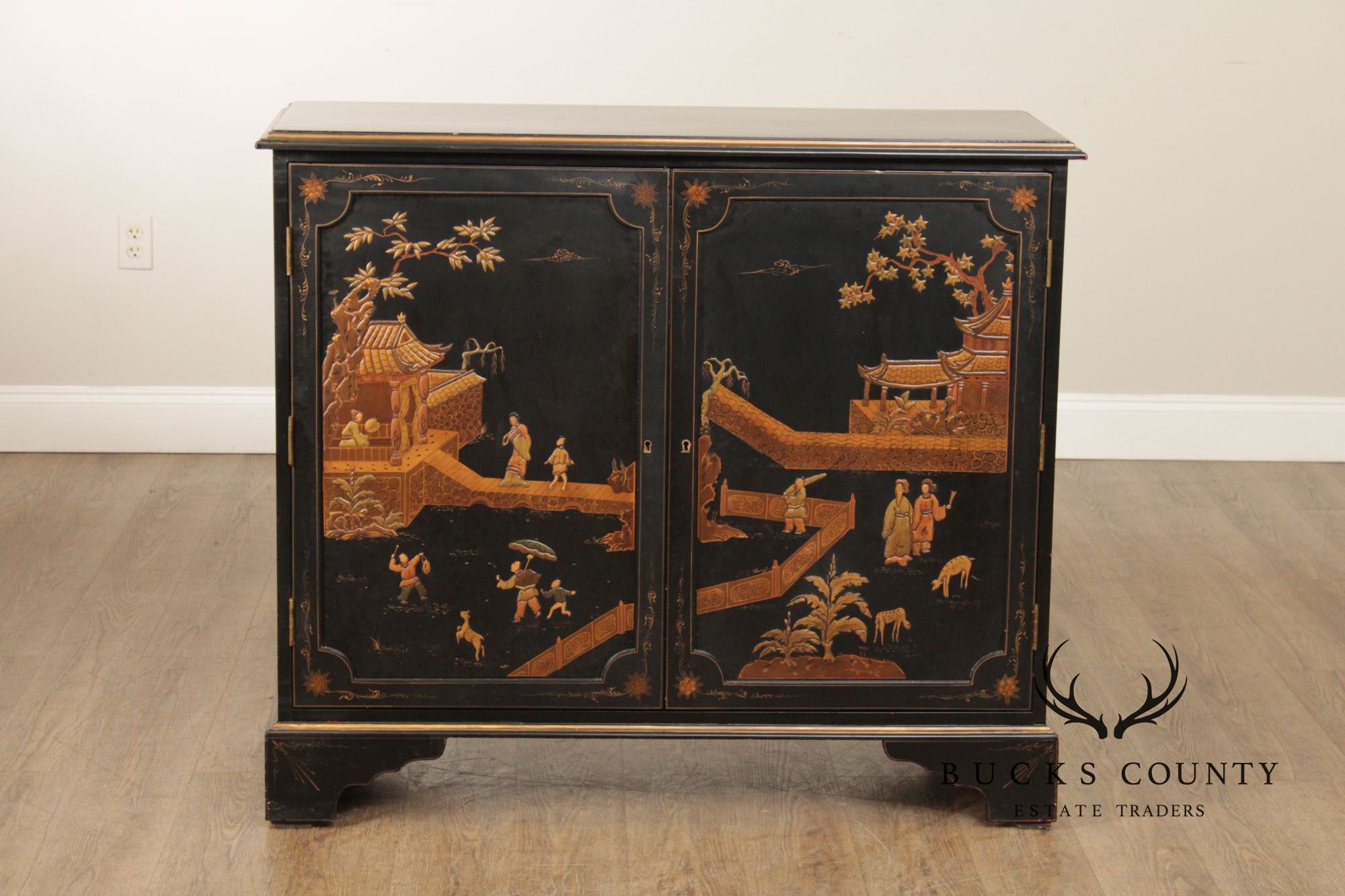 Georgian Furnishing Co. Pair Of Black Lacquer Chinoiserie Cabinets